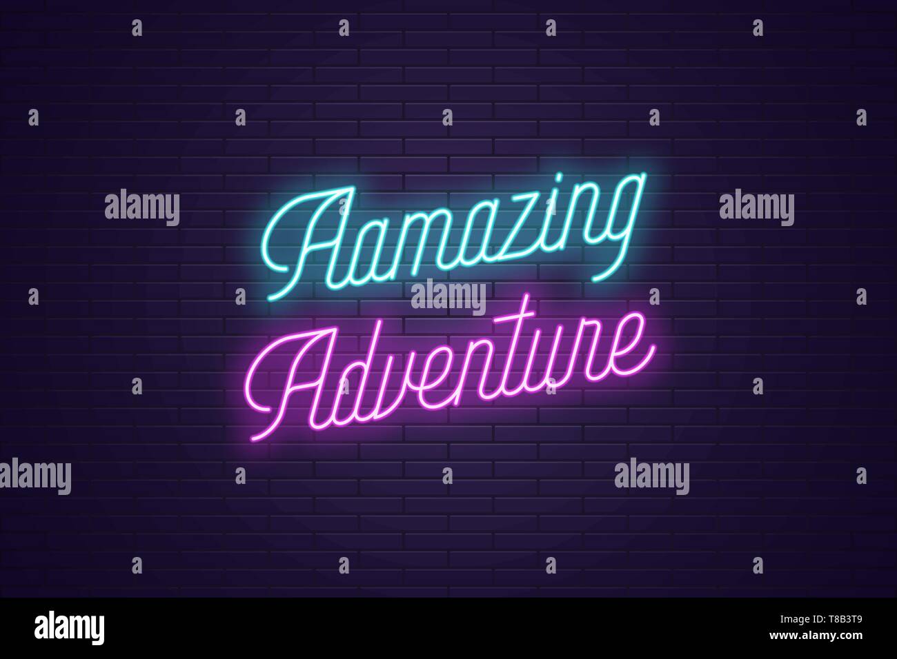Scritte al neon della straordinaria avventura. Headline incandescente, al neon luminoso testo corsivo della straordinaria avventura. Modello titolo per il web banner e poster. Un blu Illustrazione Vettoriale