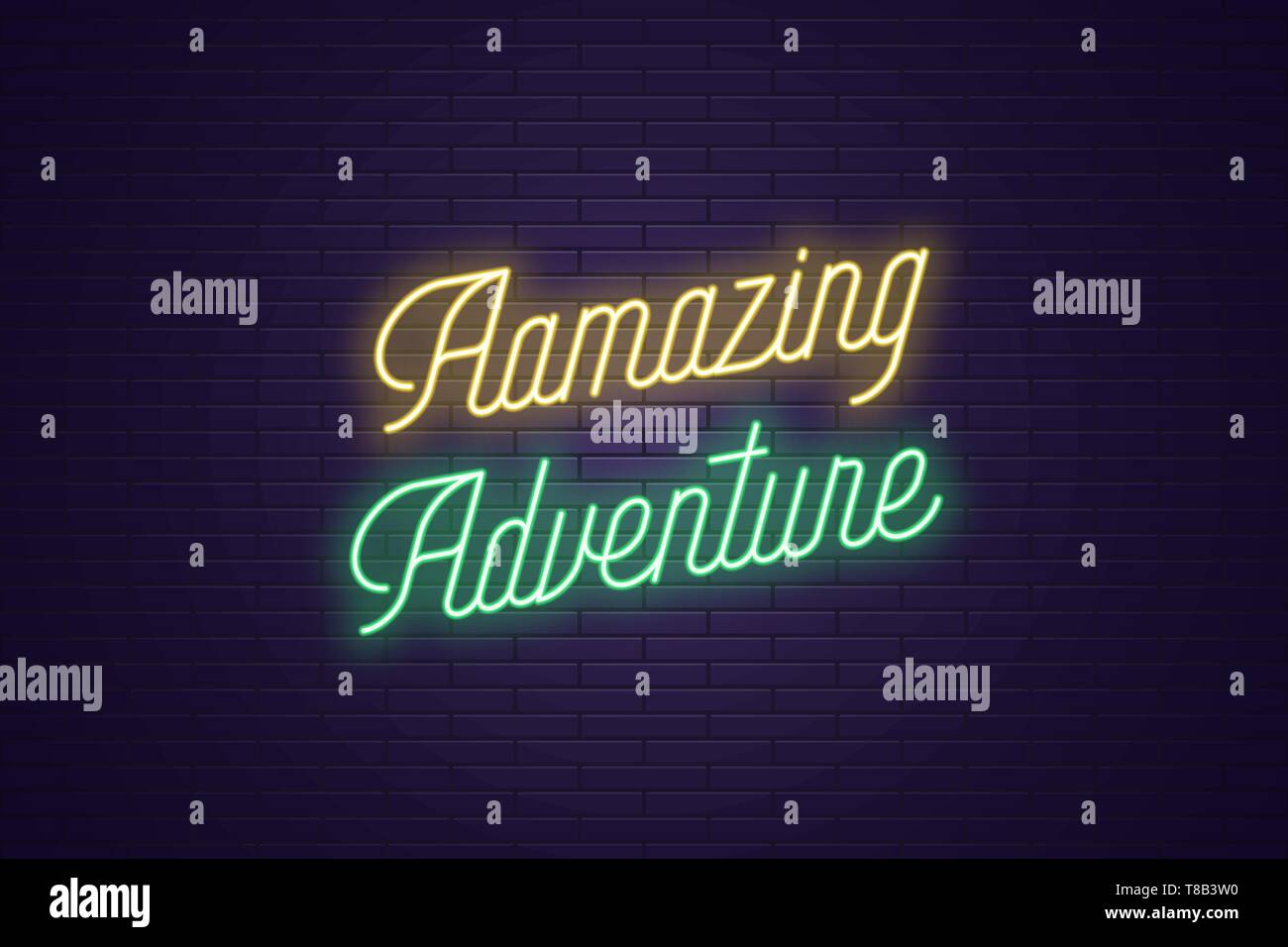 Scritte al neon della straordinaria avventura. Headline incandescente, al neon luminoso testo corsivo della straordinaria avventura. Modello titolo per il web banner e poster. Giallo Illustrazione Vettoriale