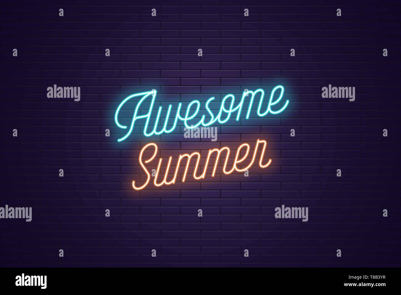 Scritte al neon di splendida estate. Headline incandescente, al neon luminoso il testo in corsivo di splendida estate. Modello titolo per il web banner e poster. Blu e ora Illustrazione Vettoriale