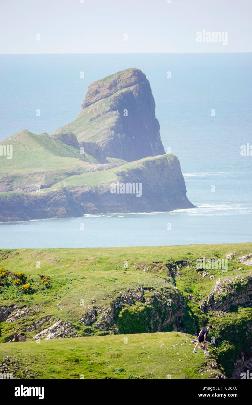 Un giovane uomo (inferiore destro) guarda oltre il bordo della scogliera a Rhossili Bay con l'isola di marea di worms in testa la distanza. Foto Stock