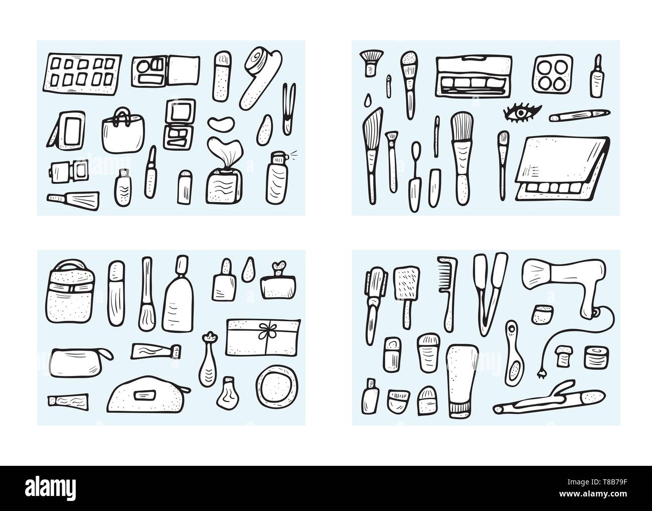 Vettore di elementi di bellezza. Set di doodle stile strumenti di personalizzazione. La raccolta per il trucco. Illustrazione Vettoriale