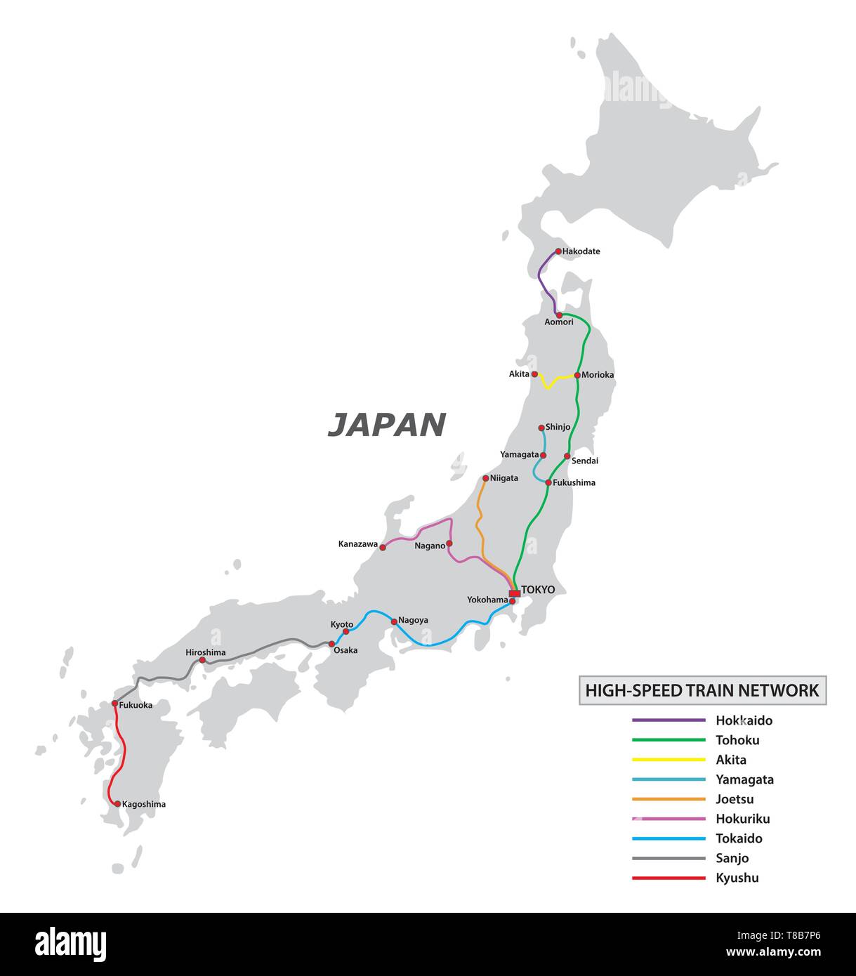 Mappa della rete ferroviaria ad alta velocità in Giappone Illustrazione Vettoriale