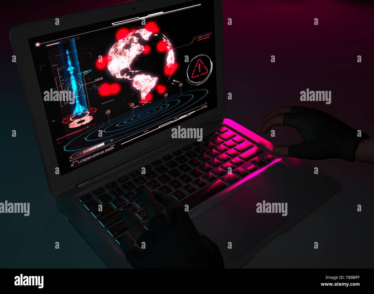 Attacco nucleare, attacco missilistico, sabotaggio, armi atomiche. Esplosione di oneri nucleari. Gruppo armato. Gli hacker informatici. La pirateria internazionale. Computer Foto Stock