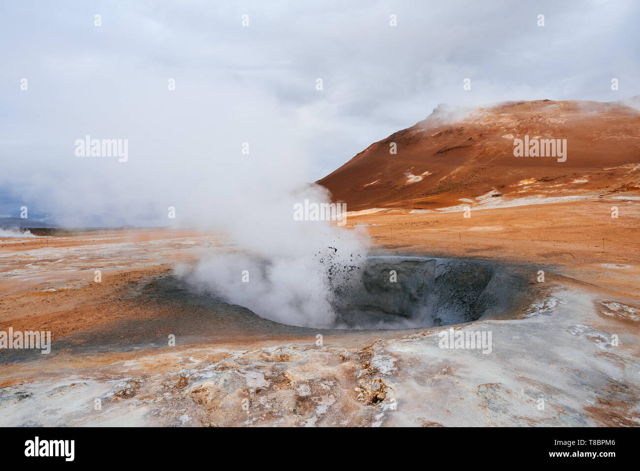 Paesaggio con eruzione vapore. Area geotermale Namafjall, Islanda, l'Europa. Nuvoloso Giorno Foto Stock