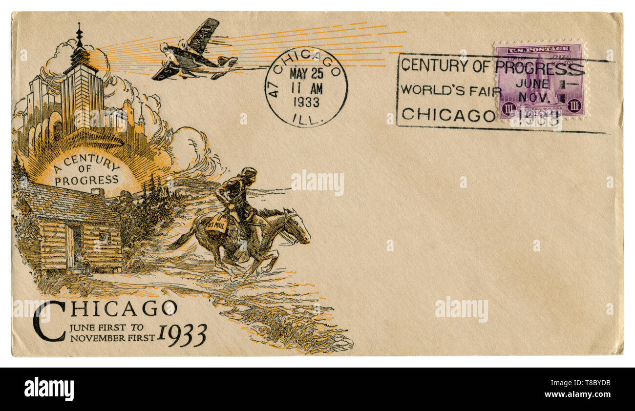 Chicago, Illinois, Stati Uniti d'America - 25 Maggio 1933: noi busta storico: coperchio con arte cachet un secolo di progresso, viola francobollo tre centesimi Foto Stock