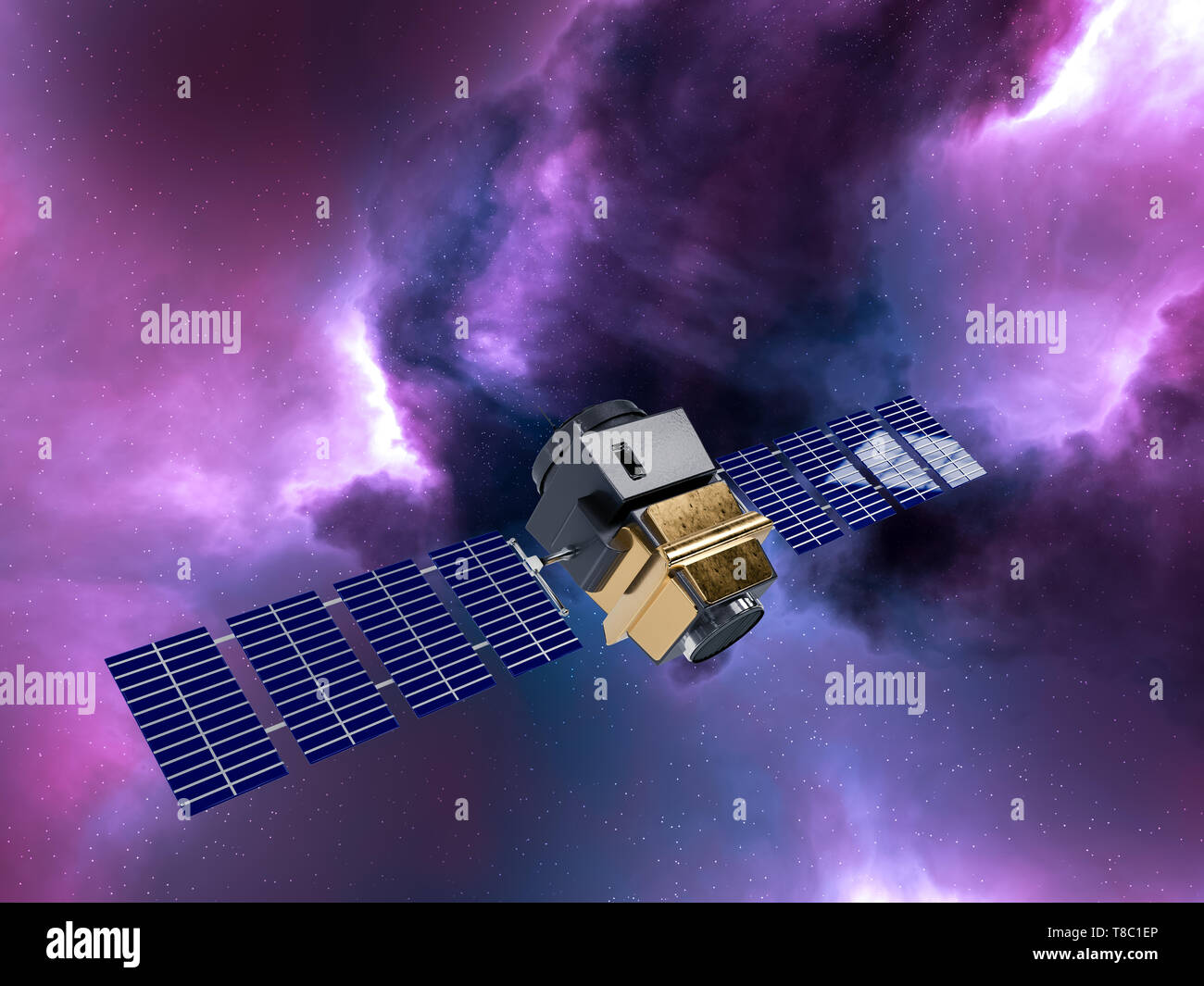 Un satellite artificiale concetto rendering 3D nello spazio nebulosa viola Foto Stock