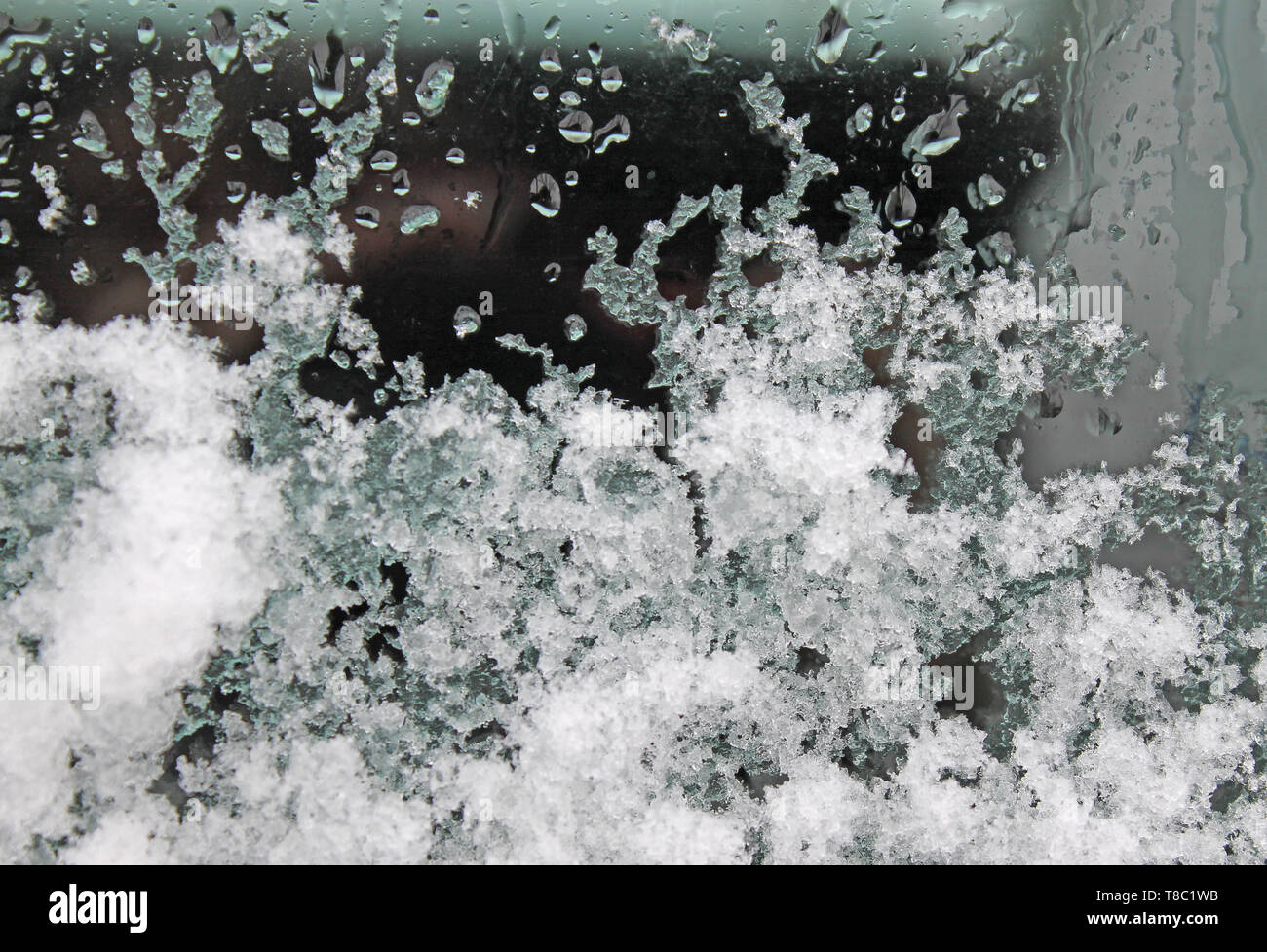 La fusione della neve sul vetro. nevischio sul vetro. pizzo texture grigio Foto Stock