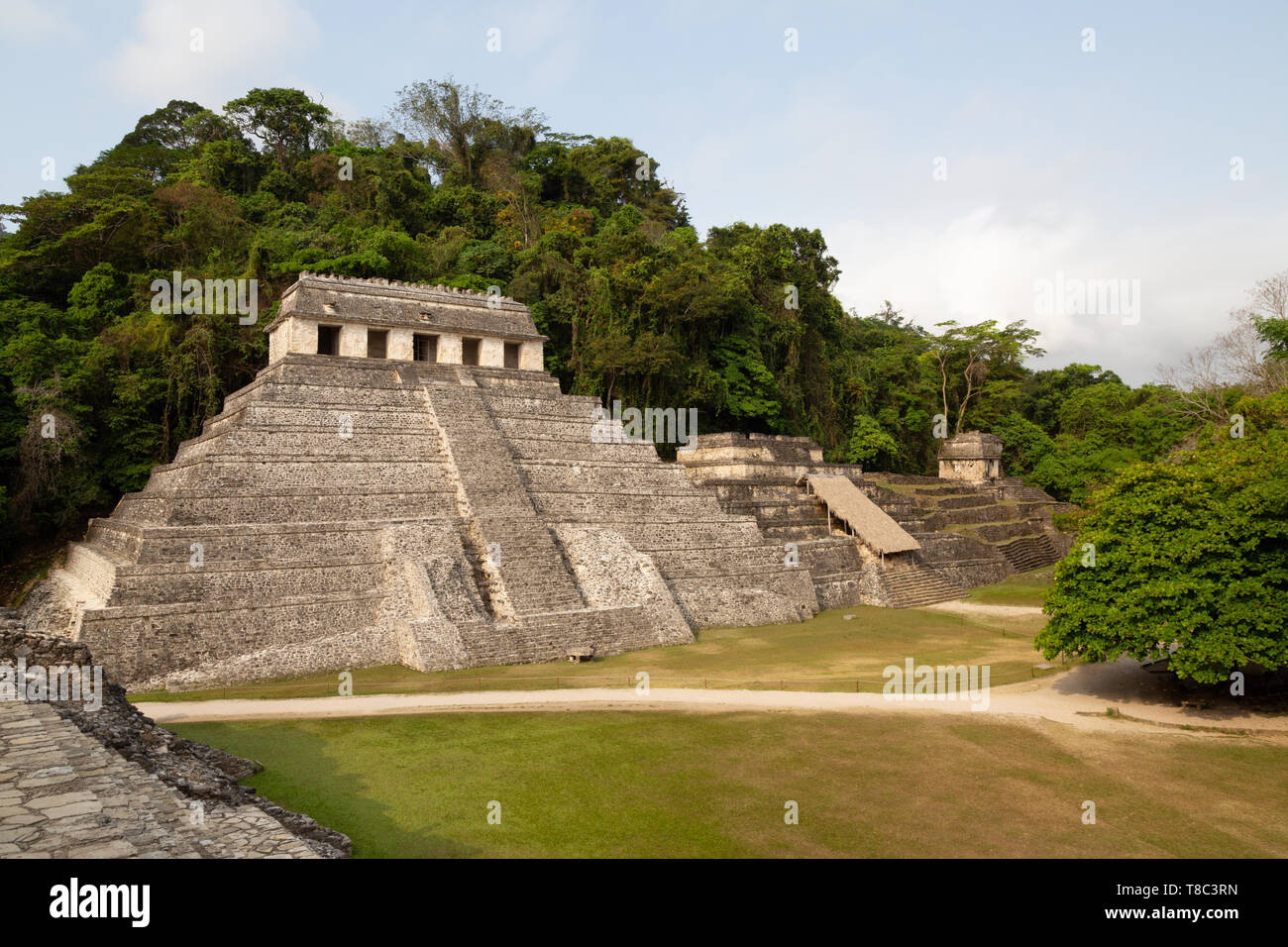 Tempio Maya - Tempio delle iscrizioni Palenque Messico; antico sito di rovine Maya; sito patrimonio mondiale dell'UNESCO; civiltà Maya pre-ispanica Foto Stock