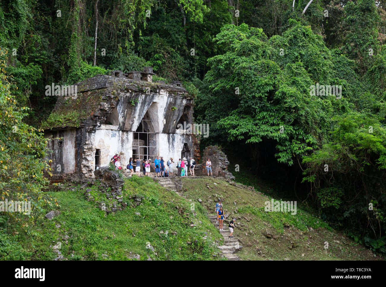 Messico Turismo - i turisti che visitano il tempio della Croce Foliated, parte del Tempio della Croce complesso, antiche rovine Maya, Palenque Messico Foto Stock