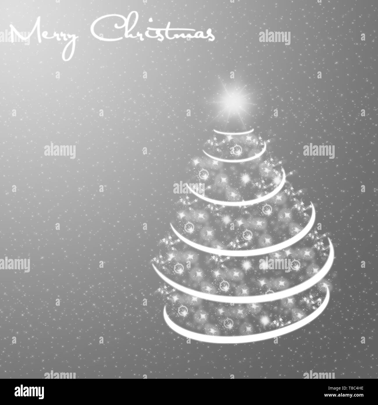 Merry Christmas card con neve e albero su sfondo grigio Foto Stock