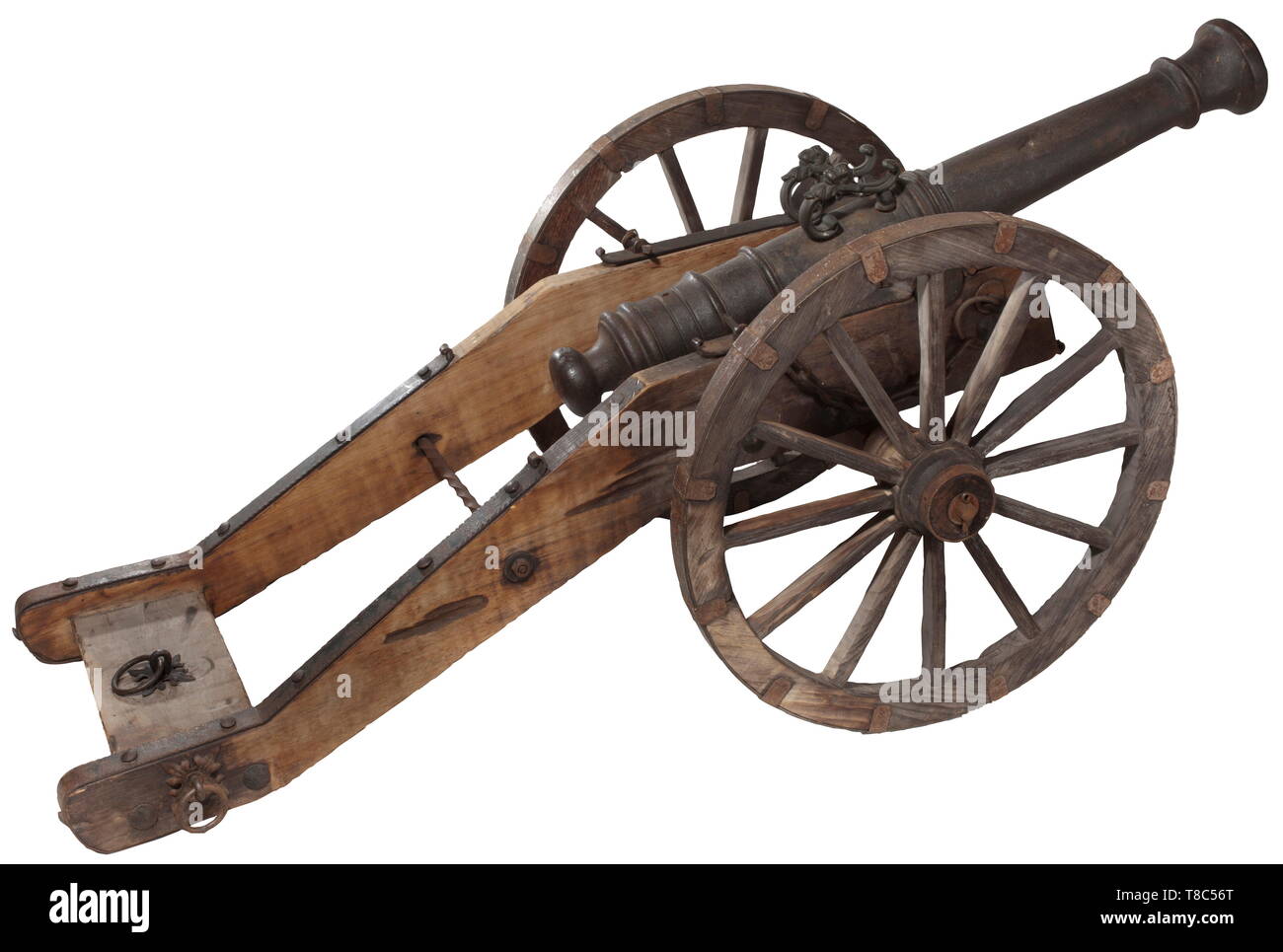 Un campo di pistola nello stile del XVII secolo, la seconda metà del ventesimo secolo di ghisa, botte rastremata compensato da guaine in 6.6 cm calibro con perni di articolazione su entrambi i lati. Foro di sfiato sulla parte superiore e le maniglie sovrapposte. In un bosco di querce gun carrello con nastri di ferro. Lunghezza della canna 114 cm, lunghezza totale 200 cm. storica, storica, cannone, cannoni, artiglieria, arma, braccio di fuoco, armi da fuoco, armi da fuoco, armi, armi, arma, braccio, dispositivo di combattimento, militare, militaria, oggetto, oggetti, alambicchi, clipping, clippings, tagliate, cut-out, ritagli Additional-Rights-Clearance-Info-Not-Available Foto Stock