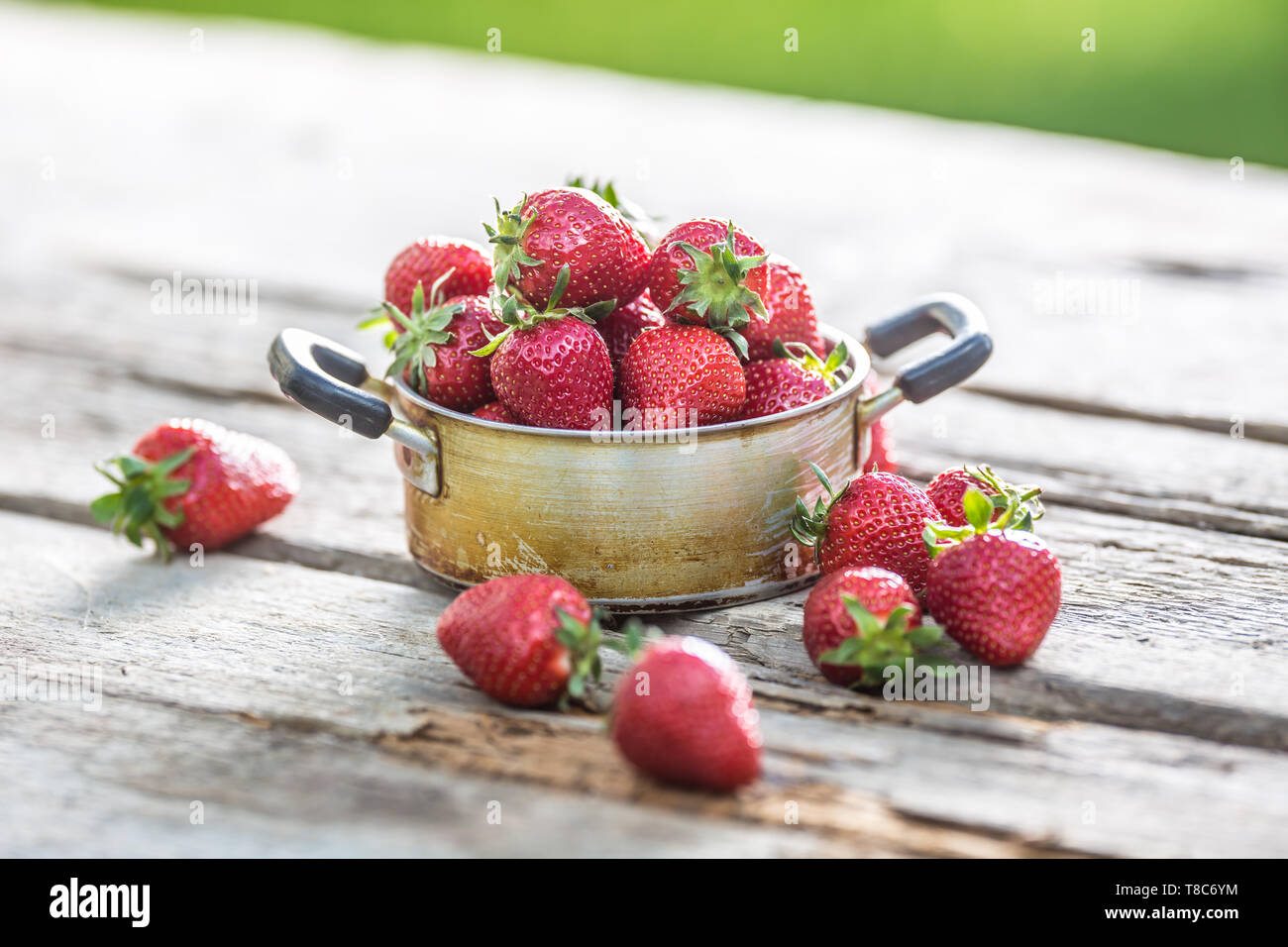 Fresche fragole mature in cucina vintage pot sul vecchio tavolo da giardino Foto Stock