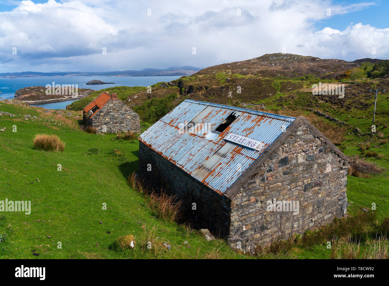 Vecchio crofts a Drumbeg in Sutherland sulla costa nord 500 scenic percorso nel nord della Scozia, Regno Unito Foto Stock