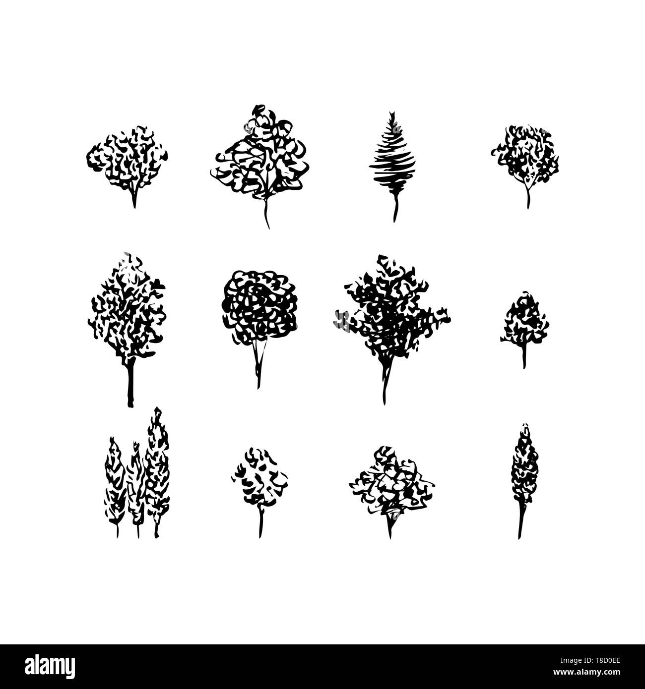 Alberi silhouette nera, impostare isolato su bianco. Disegnato a mano stile di inchiostro. Albero di natale, di alberi da frutta Illustrazione Vettoriale