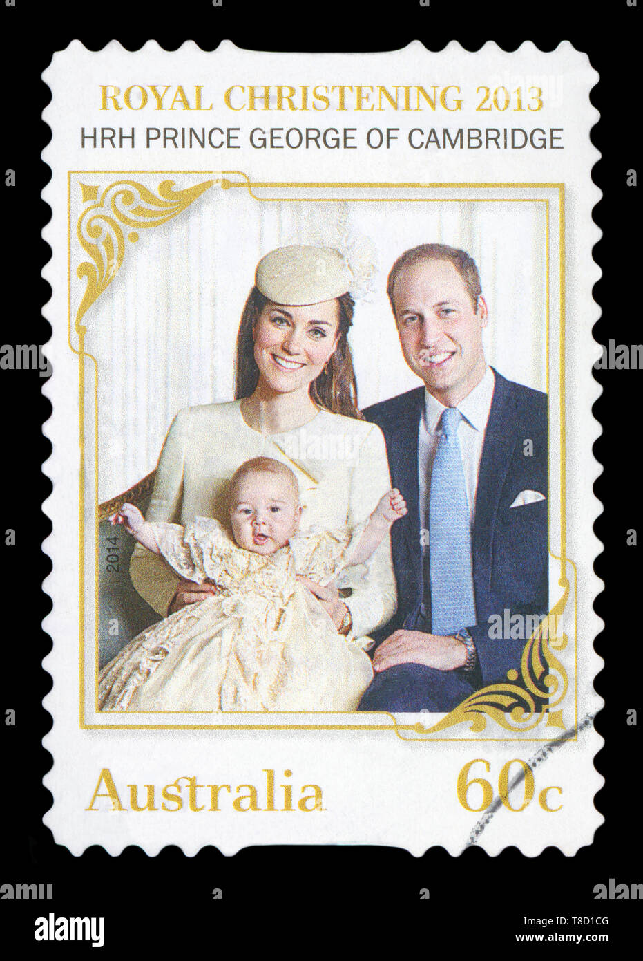 AUSTRALIA - circa 2013: un usato francobollo da Australia, celebra il battesimo di S.A.R. il principe George di Cambridge, pictred con i suoi genitori W Foto Stock