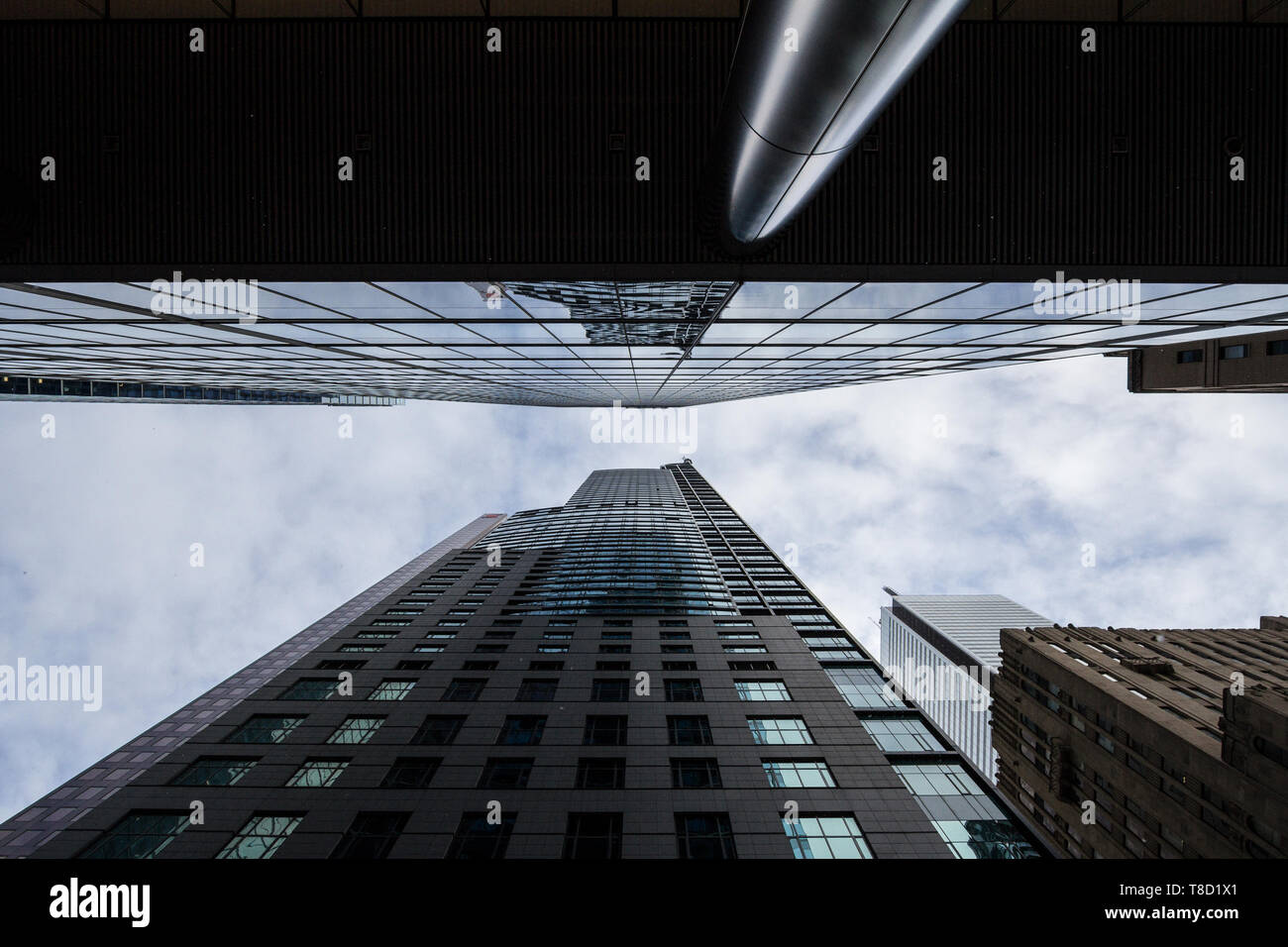I grattacieli di business in un tipico North American CBD Downtown, fatta di alte torri, sotto un cielo blu. I quartieri degli affari sono il financial hu Foto Stock