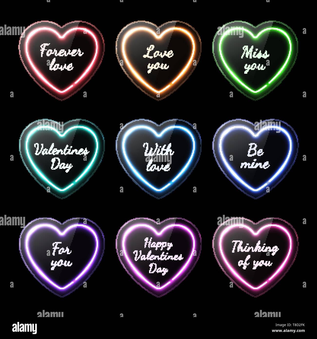 Luci al neon colorate banner di cuore insieme con il testo romantico Illustrazione Vettoriale