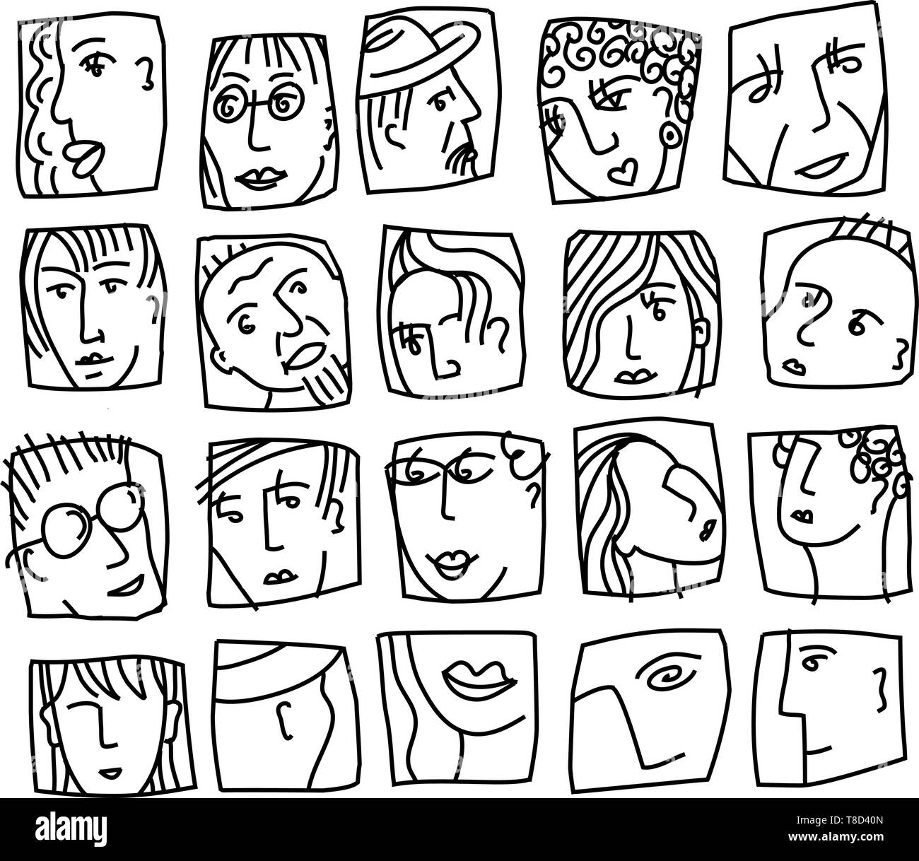Persone facce astratta avatar caratteri in bianco e nero set di icone Illustrazione Vettoriale