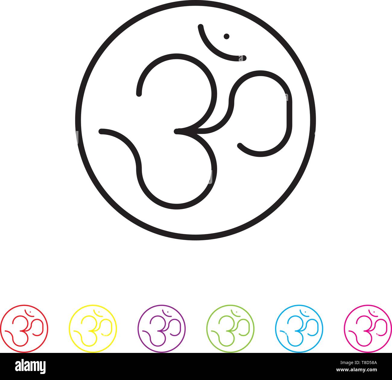 Om simbolo icona di linea. Lo stile di vita degli anni sessanta simbolo in bianco e nero e sei colori. Illustrazione Vettoriale