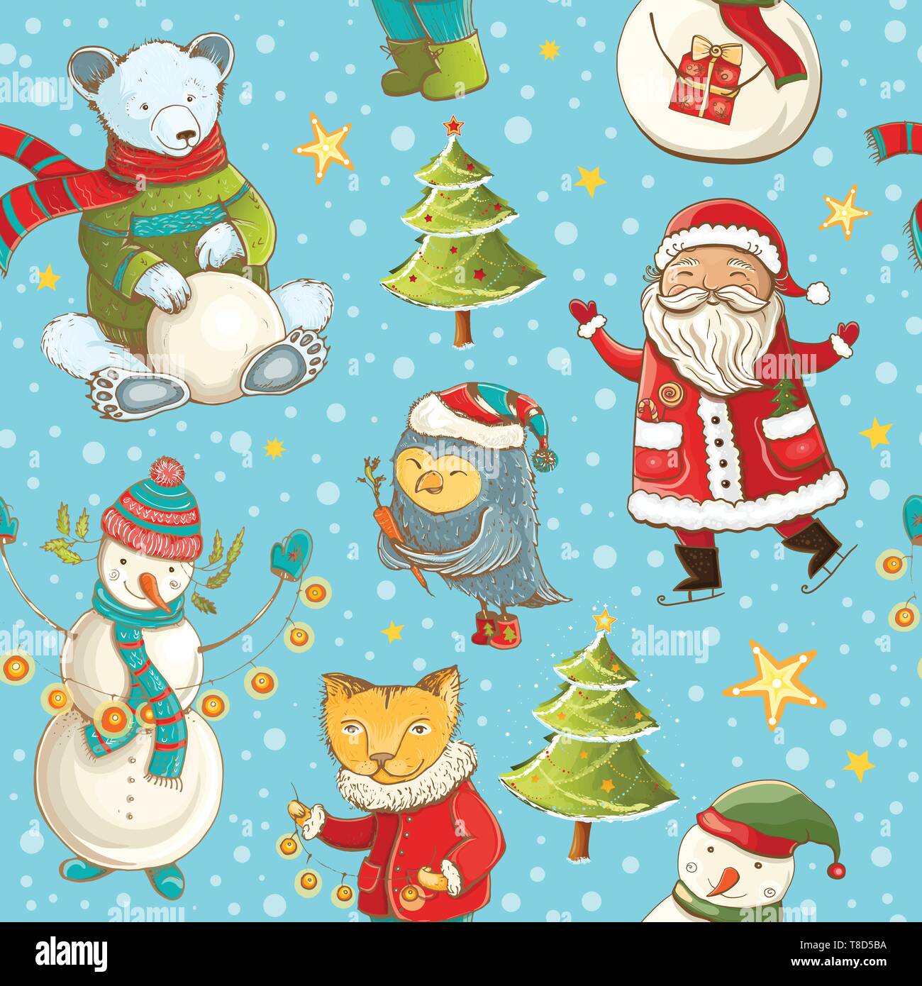 Vettore di Seamless pattern con Babbo Natale, snowman, albero di natale e simpatici animali. Piastrellabile cartoon sfondo di Natale. Illustrazione Vettoriale