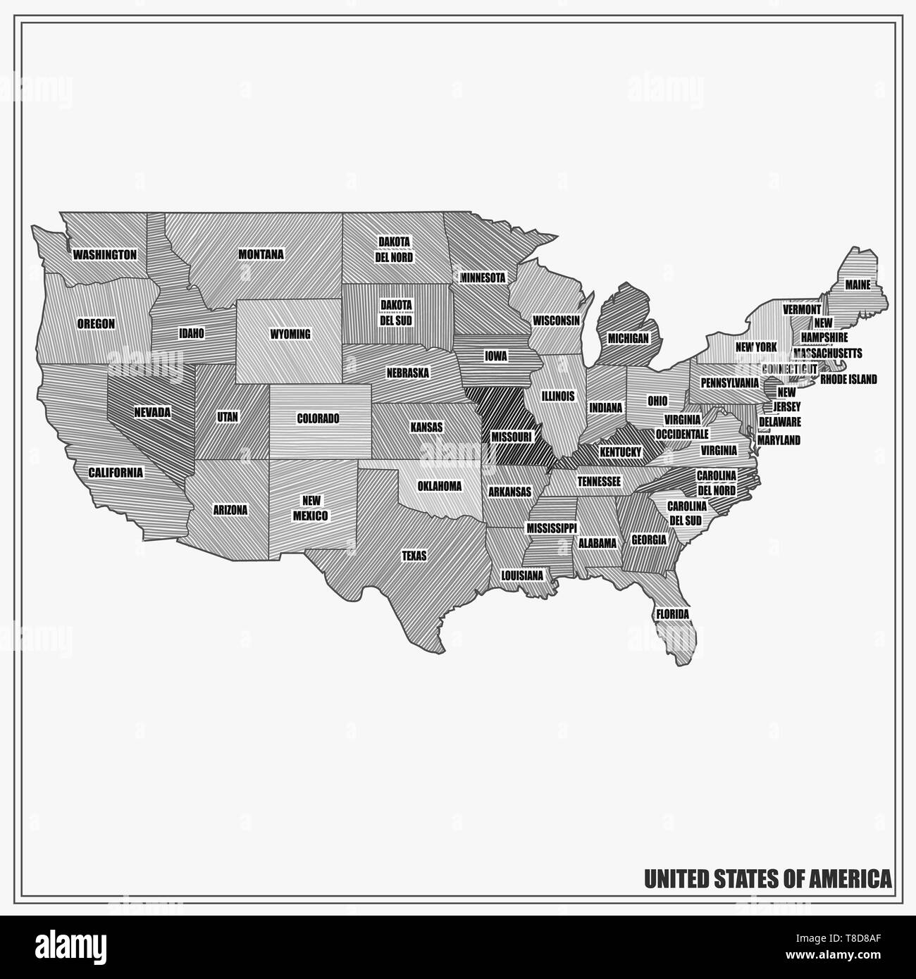 Mappa degli Stati Uniti con le regioni e una infografica. Il bianco e il nero illustrazione con mappa degli STATI UNITI D'AMERICA. Mappa americana con le regioni. Mappa con abstract di colore grigio. Foto Stock