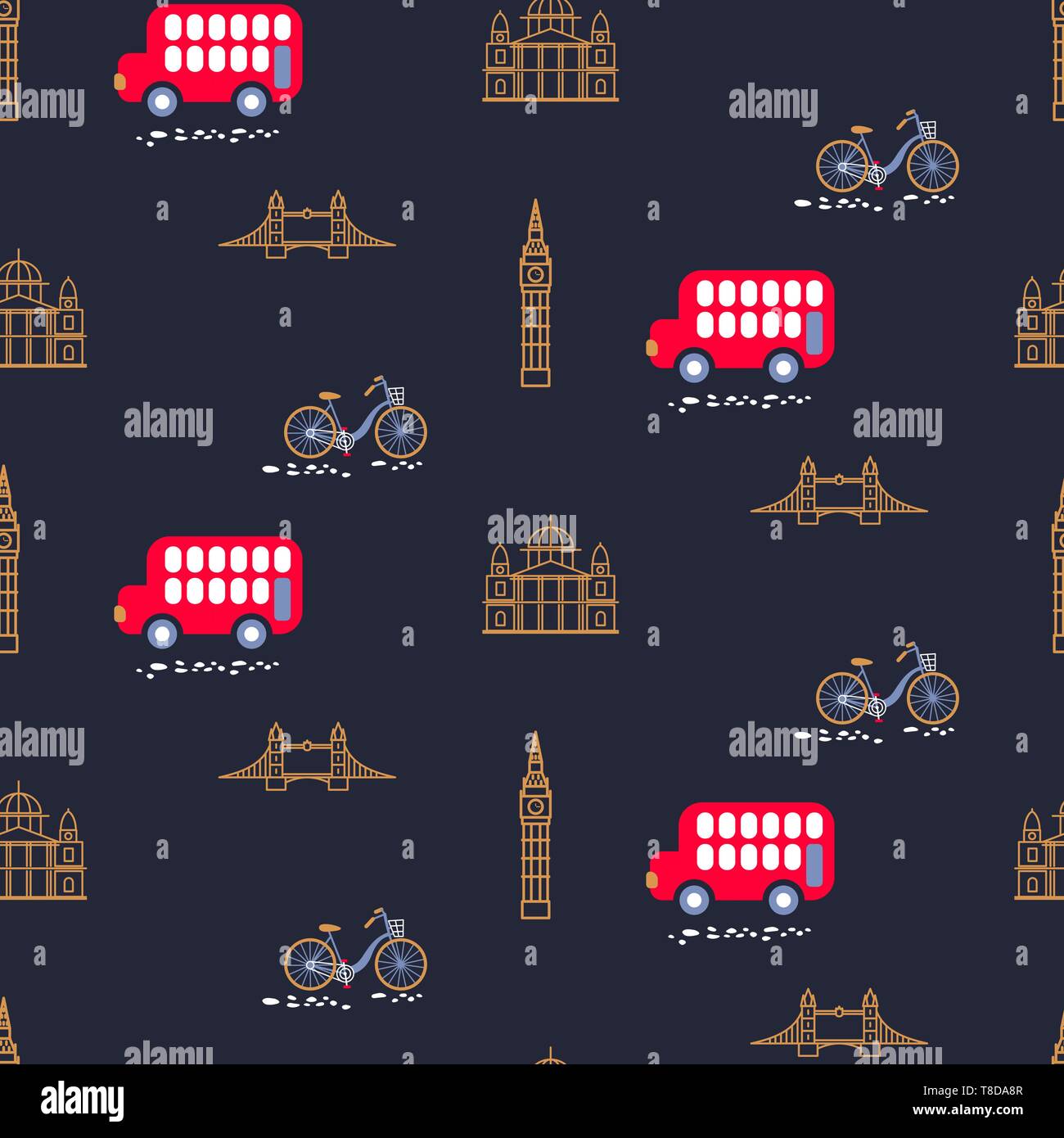 London city theme bambino blu scuro vettore seamless pattern. Bus rosso e i punti di riferimento del fumetto in stile linea di ripetere la stampa tessile. Illustrazione Vettoriale