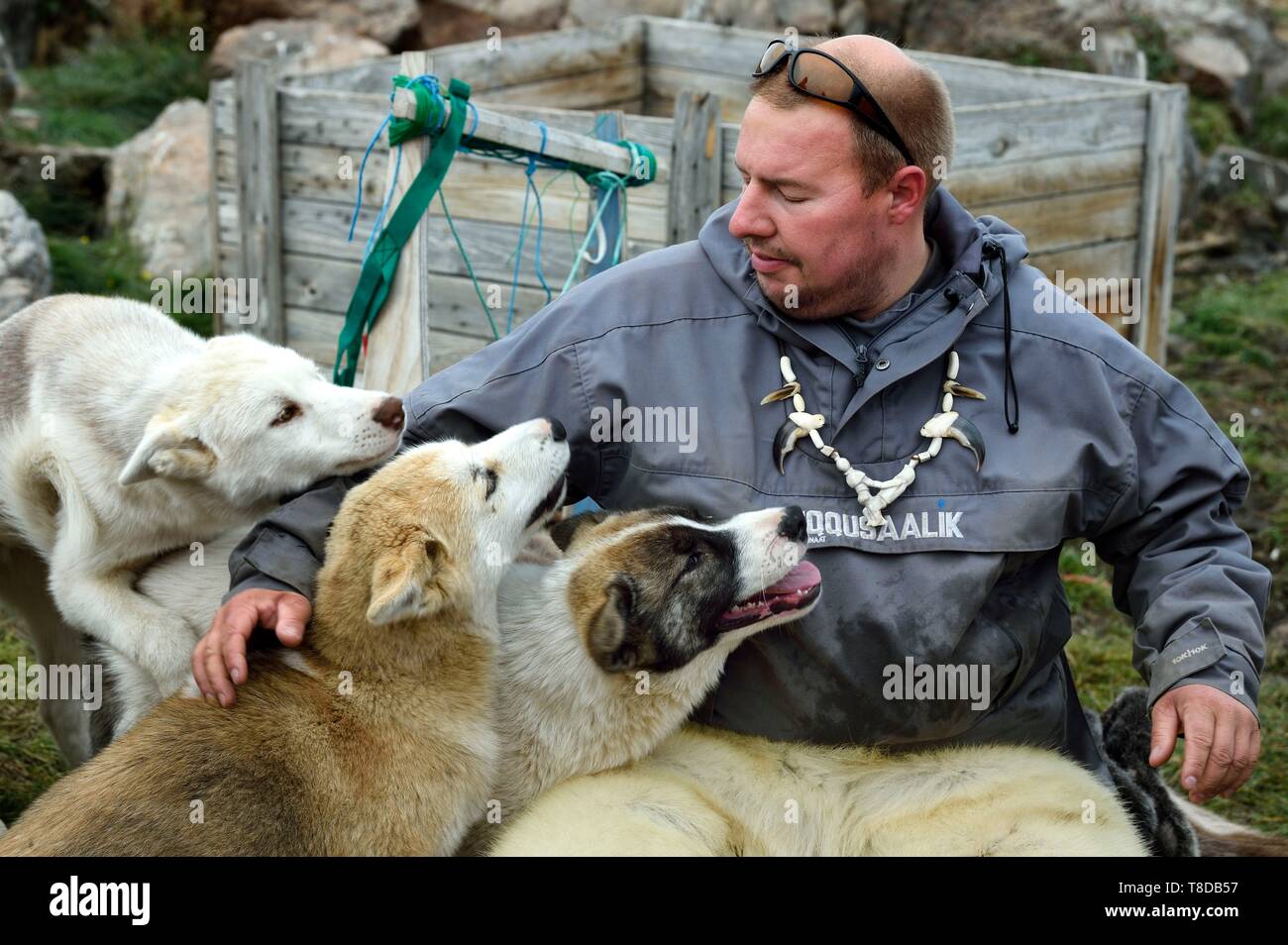 La Groenlandia, costa ovest, Uummannaq, lo Sled Dog allevatore Malti Suulutsun orso che indossa pantaloni di pelle Foto Stock