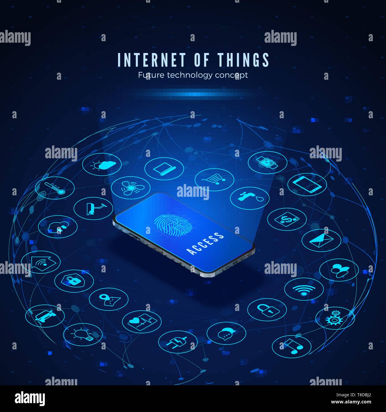 Internet delle cose concetto. IOT banner isometrica. Digital ecosistema globale. Il monitoraggio e il controllo di sistemi intelligenti di smartphone. Illustrazione Vettoriale Illustrazione Vettoriale