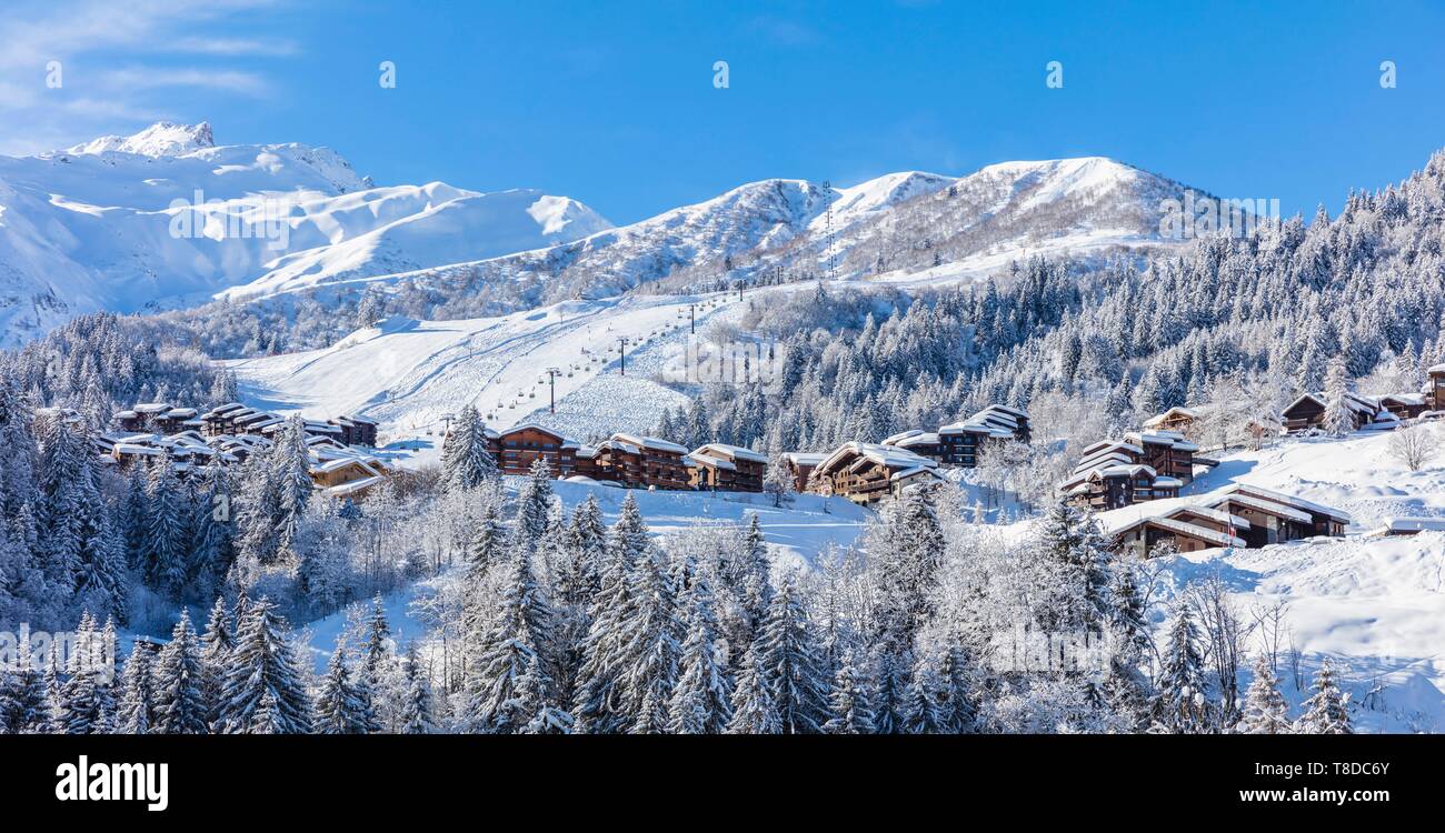 Francia, Savoie, Valmorel, massiccio della Vanoise, Valle Tarentaise, vista del Cheval Noir (2832m) Foto Stock