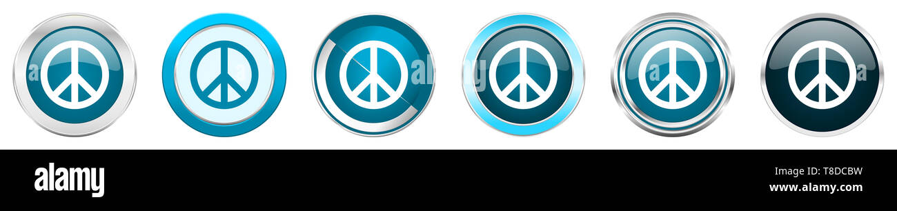 La pace di argento cromo metallico icone di frontiera in 6 opzioni, set di blu web pulsanti rotondi isolati su sfondo bianco Foto Stock