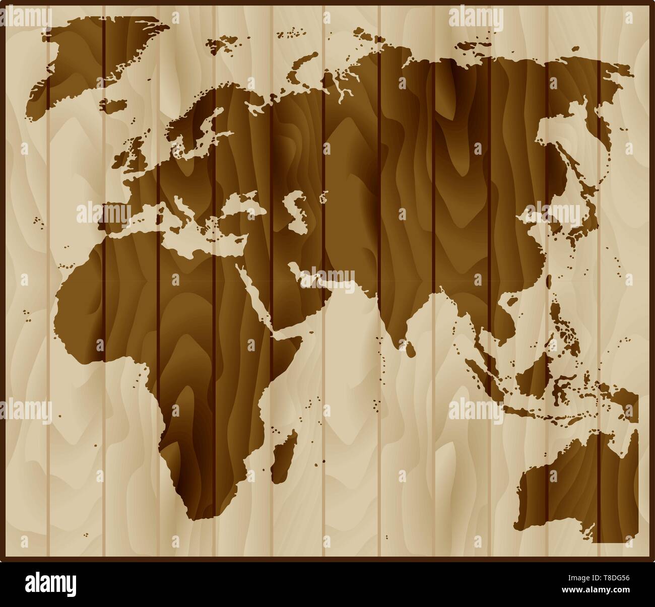 In Europa, in Asia e in Africa mappa su uno sfondo di legno Illustrazione Vettoriale