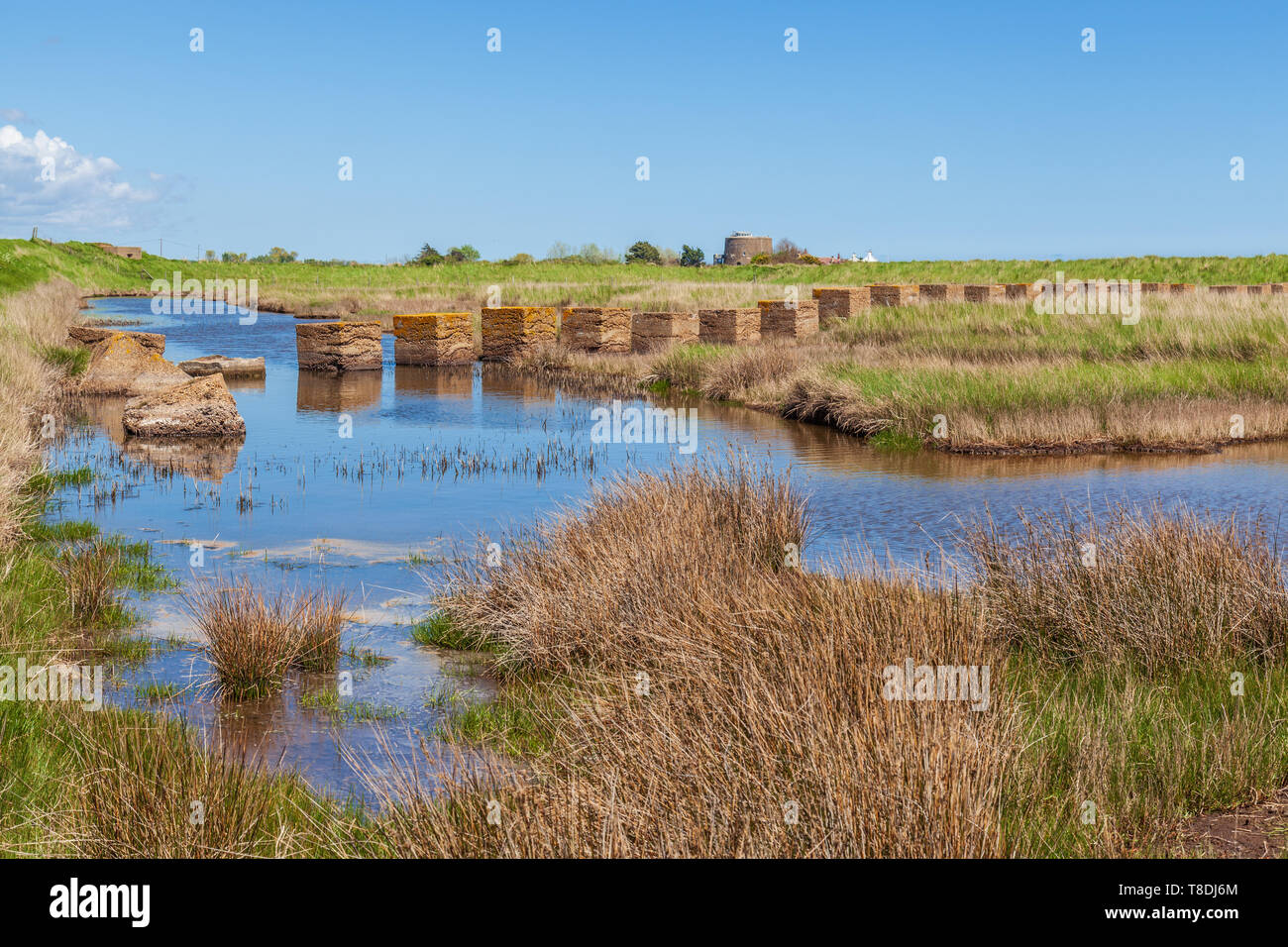Cisterna di cemento trappole sulla costa di suffolk shingle street Foto Stock