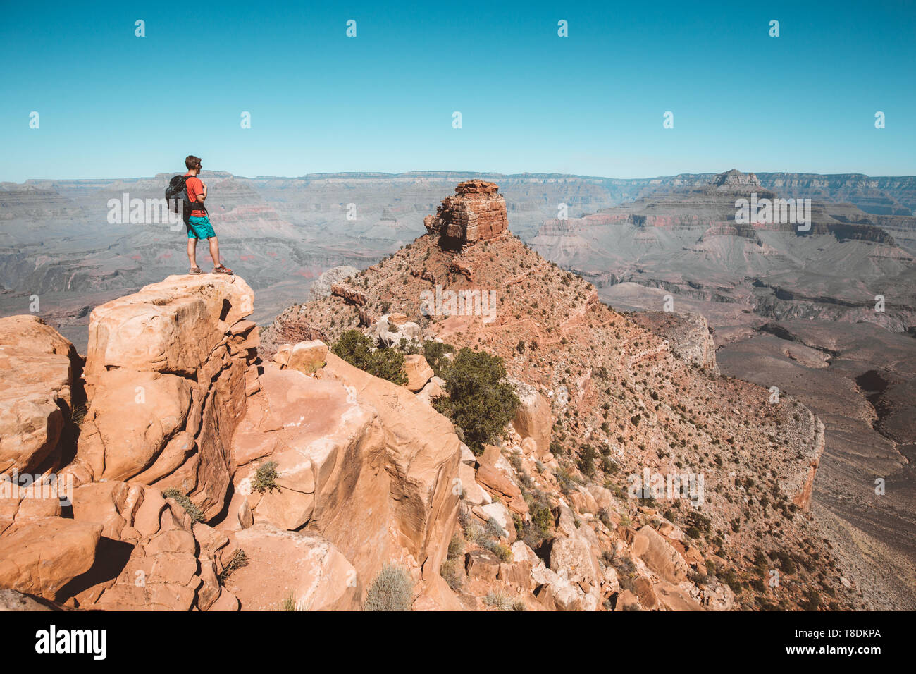 Un giovane maschio escursionista è in piedi su una roccia a godersi la splendida vista sul famoso Grand Canyon con il fiume Colorado che scorre su di una bella giornata di sole Foto Stock