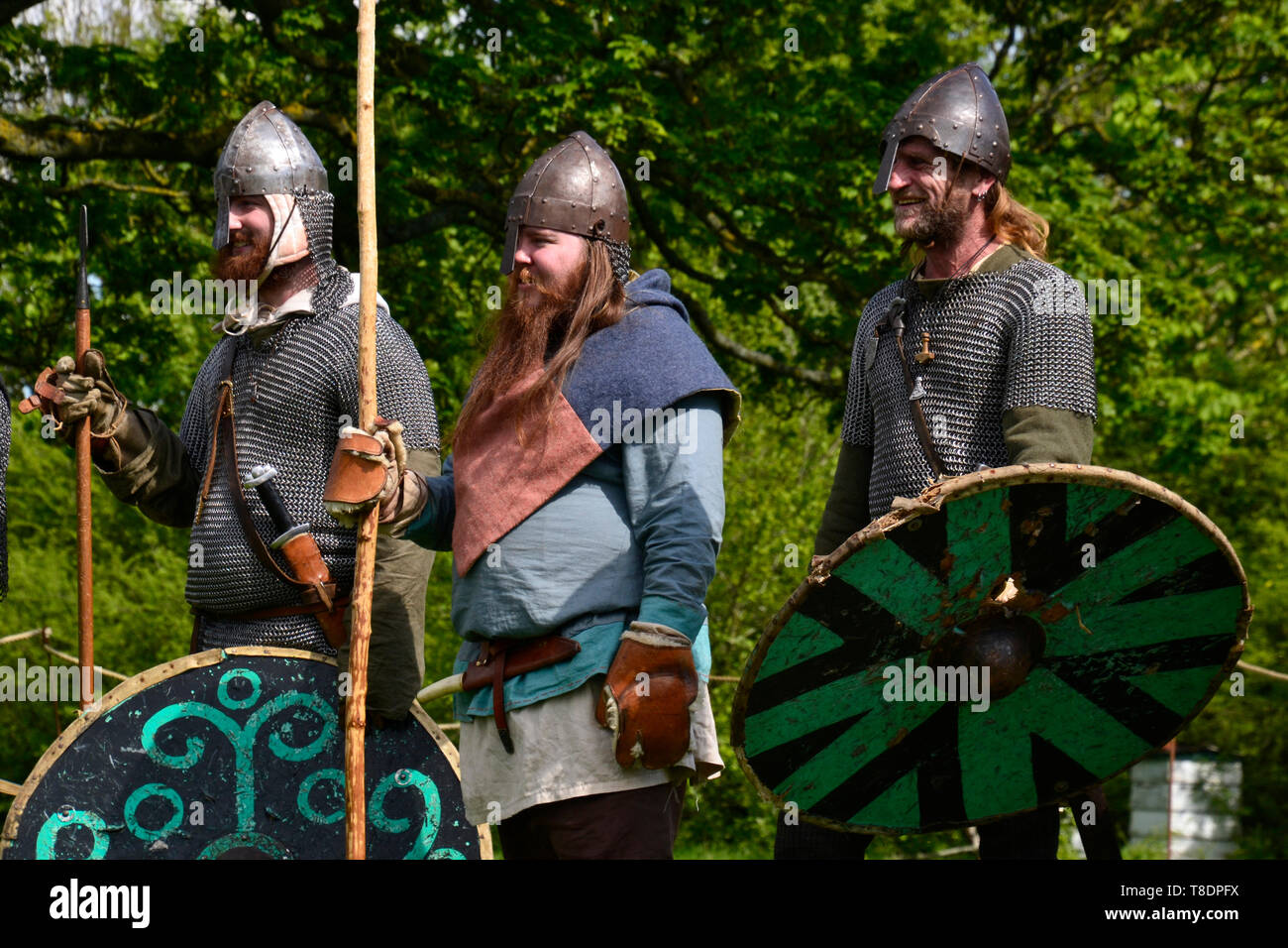Viking Rievocazione storica battaglia a Milton Keynes Storia del museo Festival 2019. Wolverton, Buckinghamshire, Inghilterra, Regno Unito Foto Stock