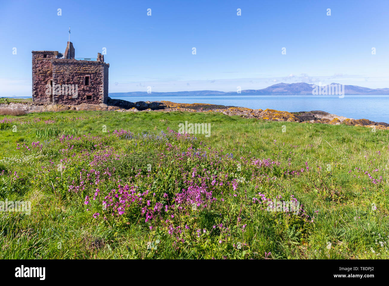 Il castello di Portencross, Ayrshire, in Scozia affacciato sul Firth of Clyde e l'isola di Arran a distanza Foto Stock