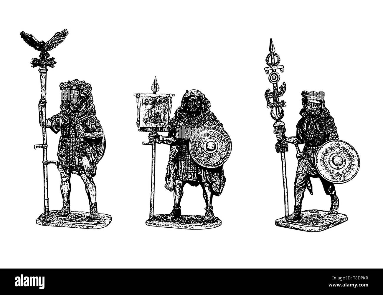 Legionario romano illustrazione. Set di 3 soldati romani. Roman Aquilifer, Signifer e Vexillarius. Foto Stock