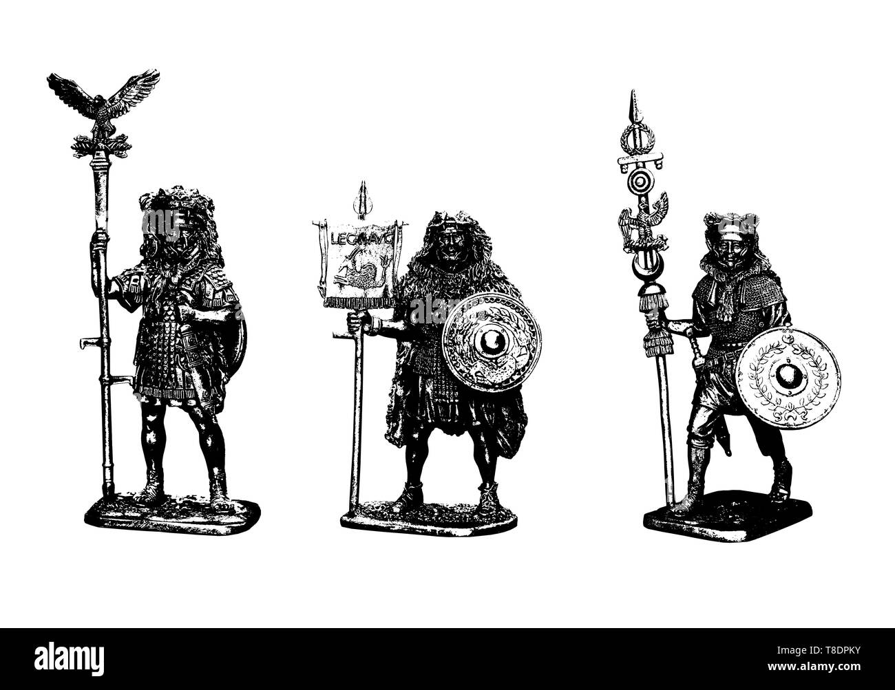 Legionario romano illustrazione. Set di 3 soldati romani. Roman Aquilifer, Signifer e Vexillarius. Foto Stock
