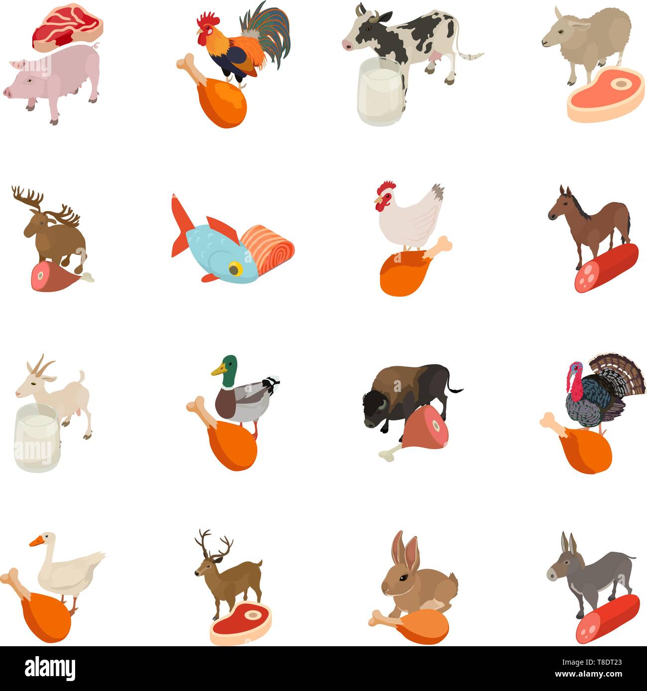 Animal factory set di icone, stile isometrico Illustrazione Vettoriale
