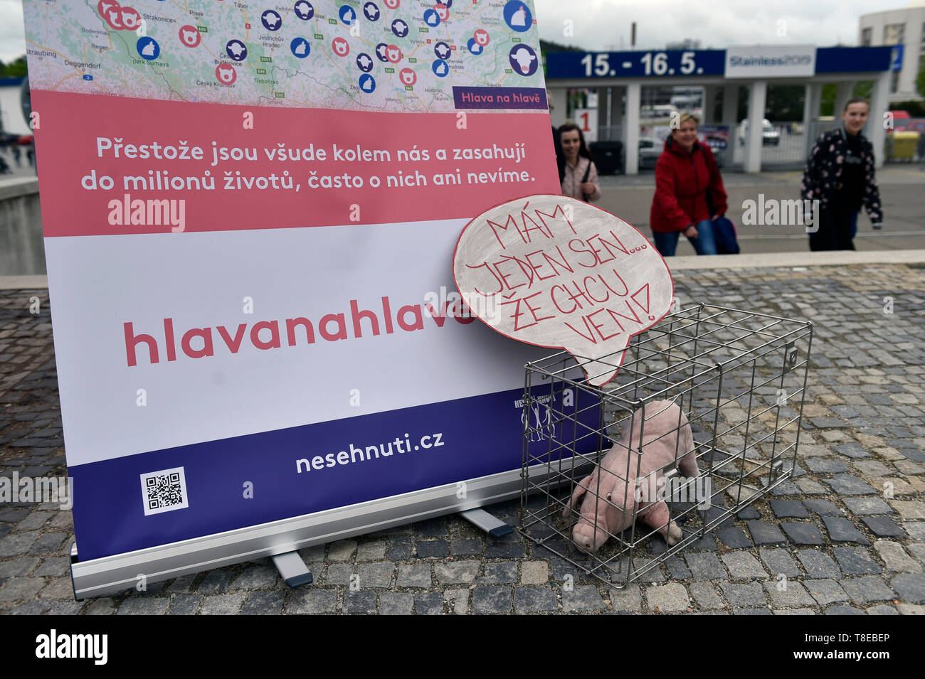 Brno, Repubblica Ceca. Il 12 maggio 2019. Gli attivisti hanno protestato contro il patrimonio zootecnico alle condizioni di allevamento e di agricoltura intensiva durante l'animale Tech fair a Brno, nella Repubblica ceca il 12 maggio 2019. Credito: Vaclav Salek/CTK foto/Alamy Live News Foto Stock