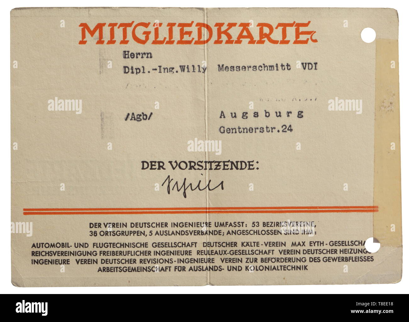 Willy Messerschmidt (1898 - 1978) - una tessera per l'Associazione degli ingegneri tedeschi (VDI) per 1937 Membership card pre-stampati in rosso e nero con il nome e l' indirizzo di Willy Messerschmitt, una vista della club house di Berlino e l'anno "1937" sul retro. Perforati, il bordo con una striscia di nastro adesivo. L'Associazione degli ingegneri tedeschi è stato istituito nel 1856 ed è la più grande associazione per la scienza e la tecnologia in Europa oggi. Designer di aeroplani Willy Messerschmitt ha studiato ingegneria presso la TU di Monaco di Baviera 1918-23 e fondò il Messerschmitt Flugzeug, Editorial-Use-solo Foto Stock