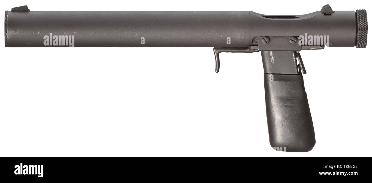 Un silenziatore Welrod pistola Cal. 7,65 mm, n. 675. Canna con 20 porte di  gas, lunghezza 107 mm. Lunghezza totale 310 mm. 8 caricatore di pallini  integrato in gomma nero coperto di