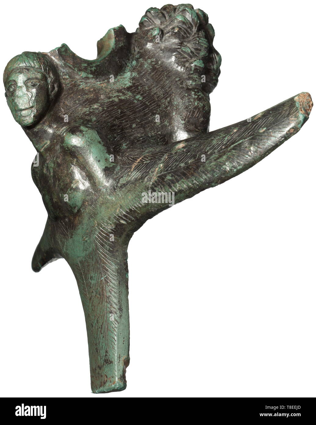 Un Romano manopola grande, 1a/II secolo d.c. bronzo con black-patina verde. Cast massicciamente il raccordo con tridimensionale, Busto virile all'esterno come pure ala a forma di parti per il fissaggio di ciascuno di due fori su entrambi i lati. Il lato opposto con la testa e la (ridotto) zampa di un tridimensionalmente leone modellato, con un forte loop (rotta) sulla parte superiore. La testa del busto virile alquanto bussato, uno "ala parte' leggermente accorciata. Larghezza 31,5 cm, peso 6,4 kg. Probabilmente il manico di una caldaia o di un recipiente di grandi dimensioni. Provenienza: Hemmerich Col, Additional-Rights-Clearance-Info-Not-Available Foto Stock