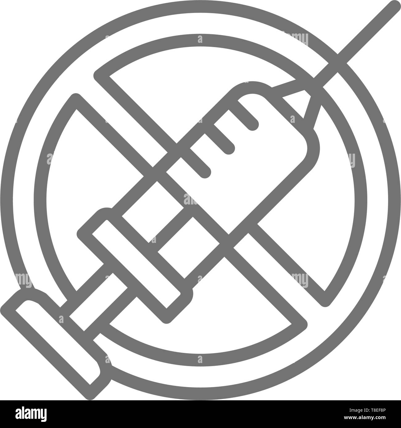 Vietato firmare con la siringa, nessuna vaccinazione, nessuna linea di iniezione e la relativa icona. Illustrazione Vettoriale