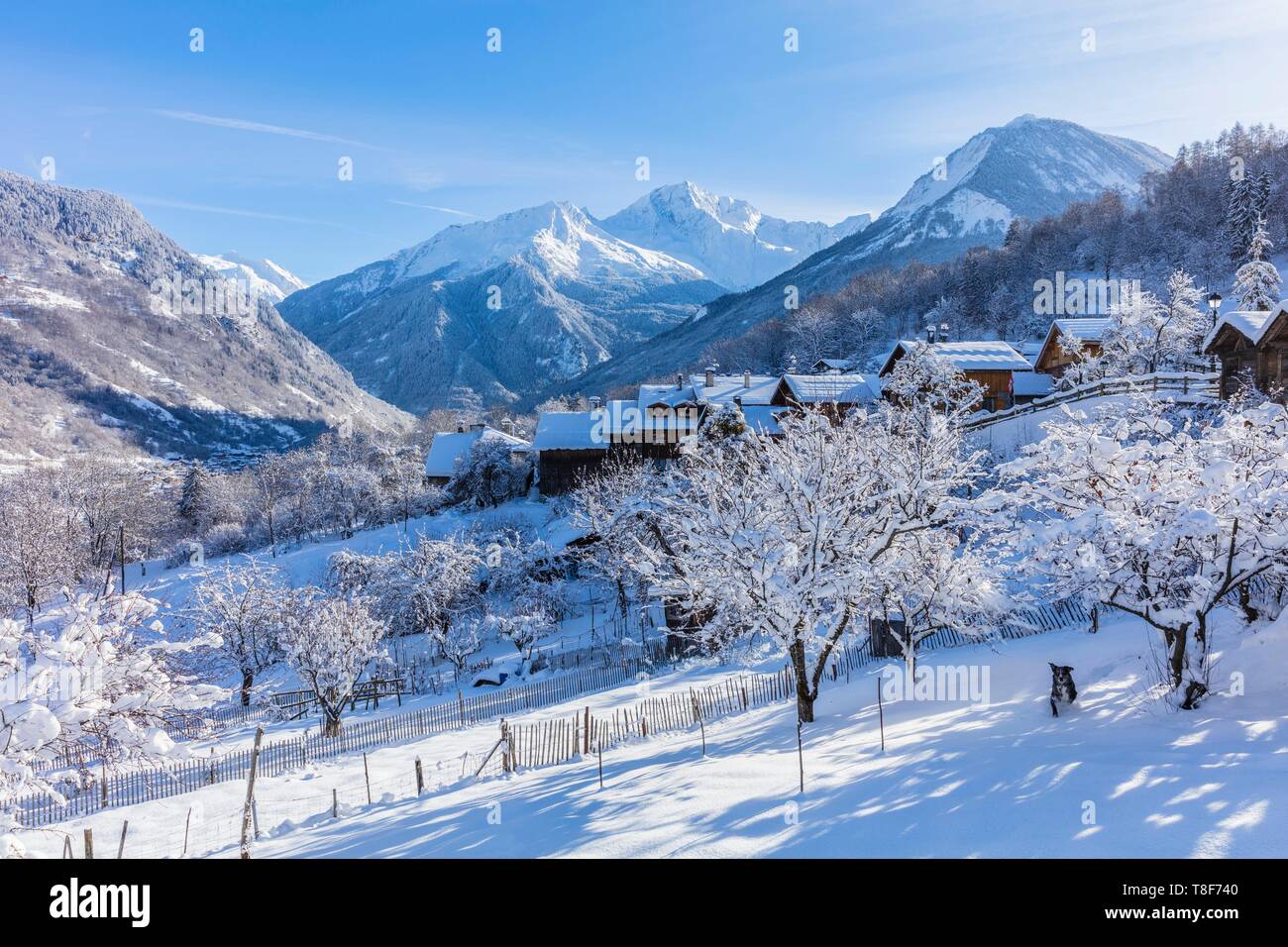 Francia, Savoie, Courchevel, Saint-Bon-Tarentaise, il borgo Le Fontanil dominato da Le Grand Bec (3398 m) e Dent du Villard (2284 m), il massiccio della Vanoise, Valle Tarentaise Foto Stock