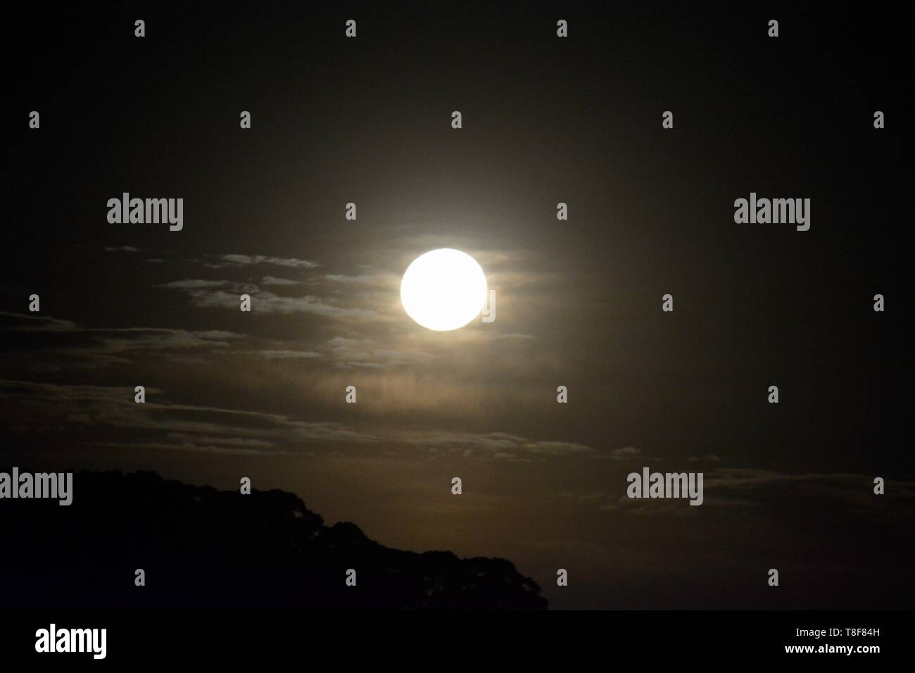 Chiaro di Luna da Full Moon Rising con sottili wispy nuvole come sfondo Foto Stock