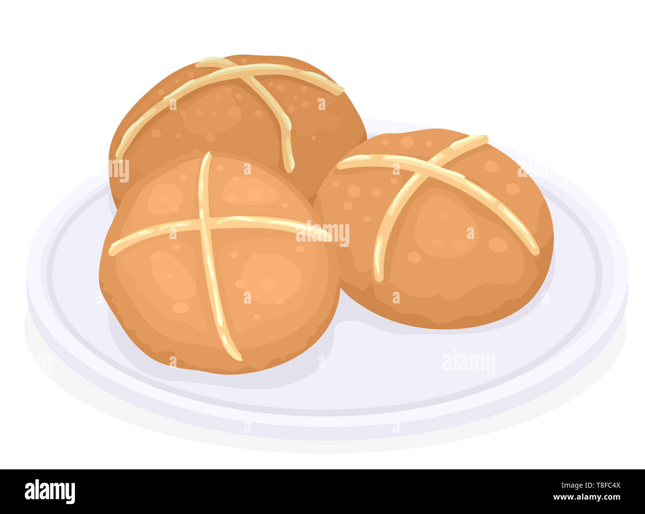 Illustrazione della Croce a caldo i panini su una piastra servito e consumato tradizionalmente il Venerdì Santo Foto Stock