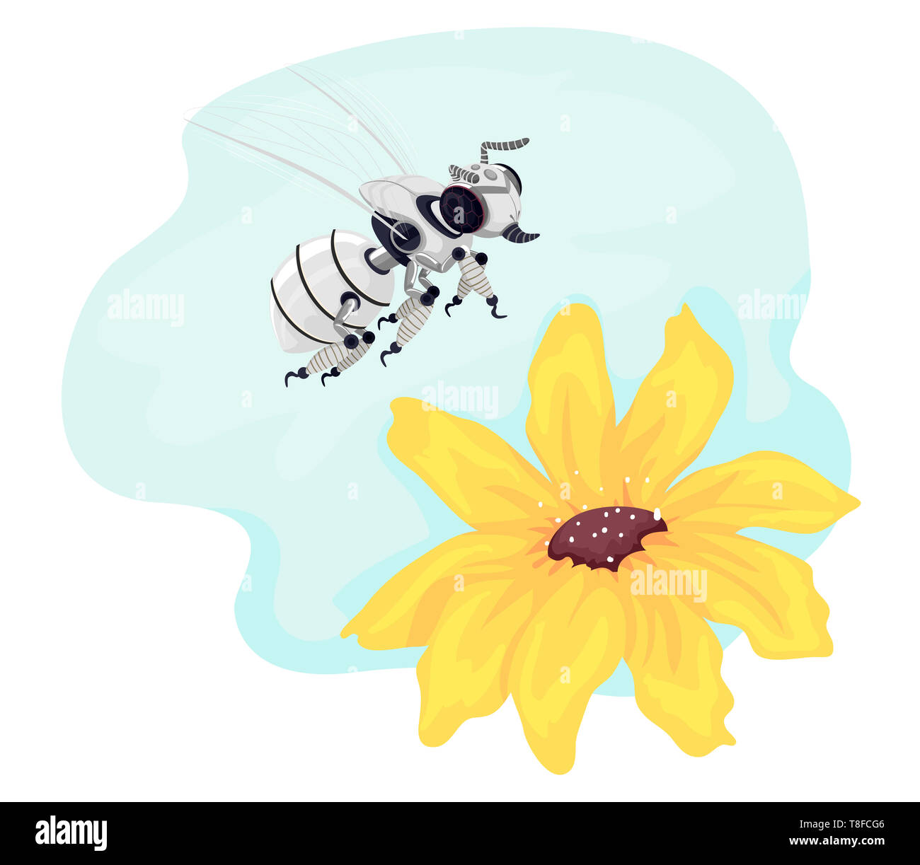 Illustrazione di un robot Bee sorvolando un fiore giallo Foto Stock