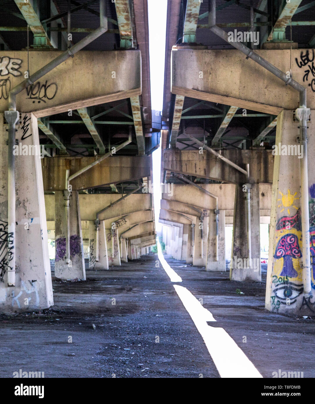 Struttura di supporto sotto la interstate 95 autostrada nel sud Philadelphia PA nella FDR Park Foto Stock