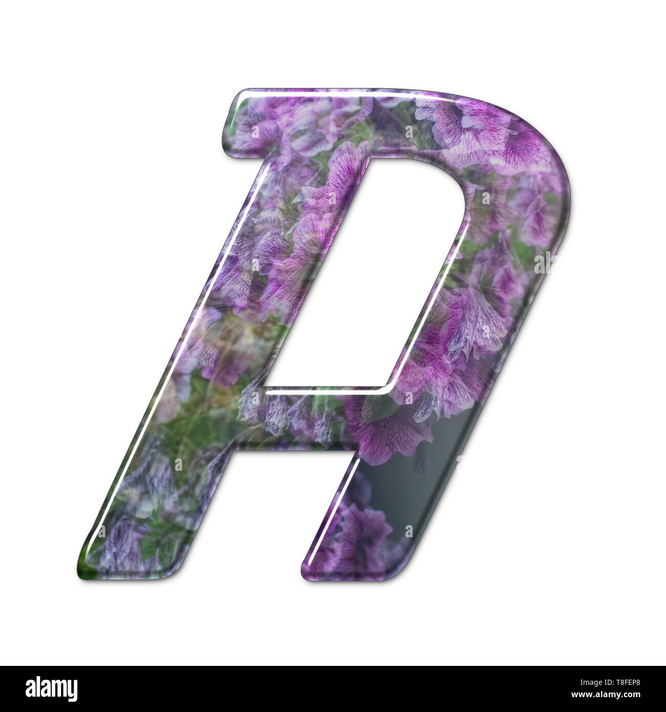 Il Campidoglio lettera di una parte di un insieme di lettere, numeri e simboli di 3D alfabeto realizzato con una immagine floreale su sfondo bianco Foto Stock