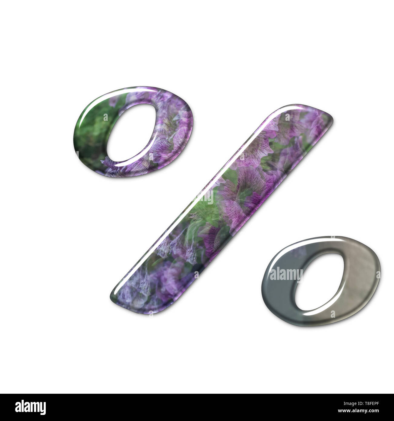 Il simbolo di percentuale. Parte di una serie di lettere, numeri e simboli di 3D alfabeto realizzato con una immagine floreale su sfondo bianco Foto Stock